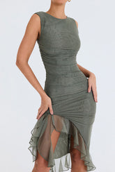 Asymmetrisches Ärmelloses Mesh Rüschen Gerafftes Bodycon Party Midikleid - Grün